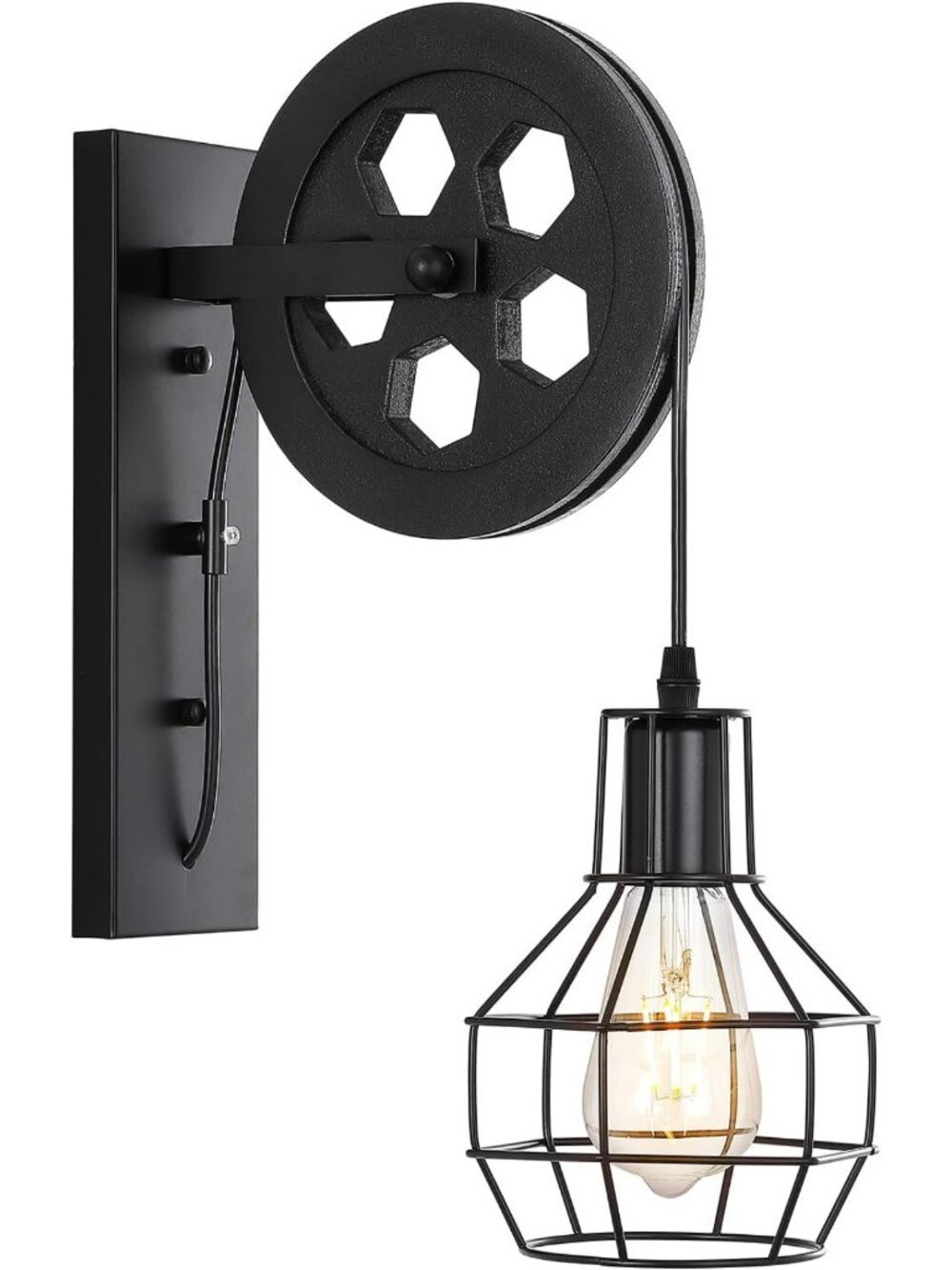 Rustic Industrial Wall Sconce with Matte Iron Cage, Lift Pulley Design, Indoor